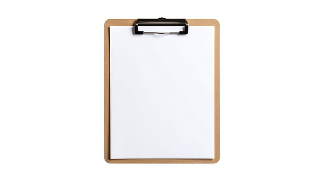 Clipboard holding a blank sheet of white paper on a transparent background, ideal for showcasing designs or messages