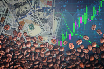 Coffee price rising. Dollars, roasted coffee beans, graph and stock data. Double exposure