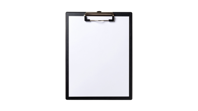 Clipboard holding a blank sheet of white paper on a transparent background, ideal for showcasing designs or messages
