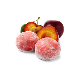 Yummy mochi and fresh plums on white background