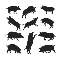 Pig Silhouette Vector Collection – Farm Animal Black Silhouettes Set