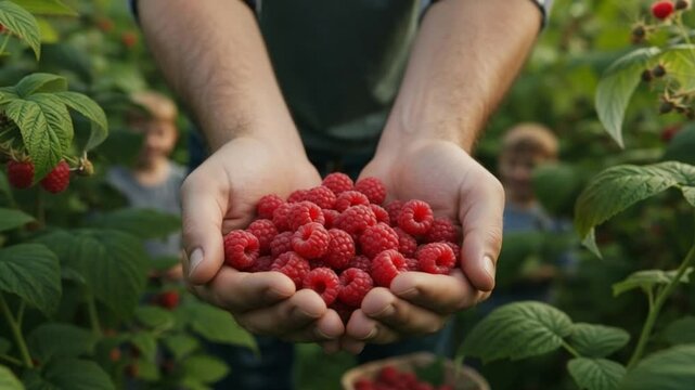 Organic raspberries in man's hands family picking raspberries