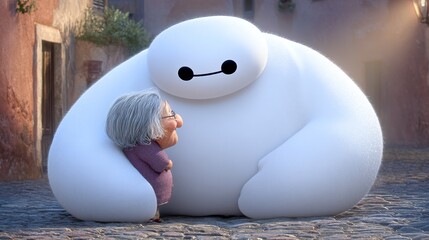 An elderly woman walks in a park with her personal robot caregiver, forming an emotional bond that promotes mental wellness through advanced geriatric care