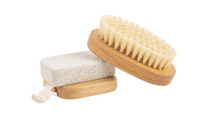 Double sided nail brush with pumice stone for cleaning and exfoliating nails, isolated on transparent background
