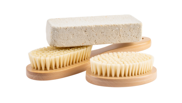 Double sided nail brush with pumice stone for cleaning and exfoliating nails, isolated on transparent background