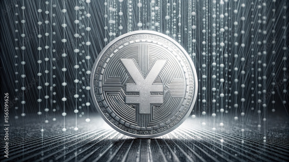 Poster Digital Yuan Coin Surrounded by Binary Codes and Rain Effect