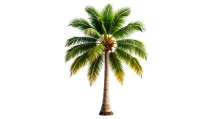 Realistic 3d rendering of leaning coconut palm tree, isolated on transparent background with tropical paradise essence