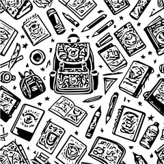 Back to school items pattern, books, pencils, backpacks, black and white background  vector 