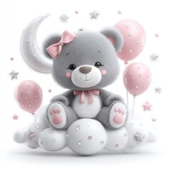 Obraz premium A cute teddy bear is depicted in a watercolor illustration sitting on a cloud surrounded by balloons