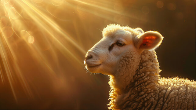 Backlit lamb in field. Shepherds, sheep in meadow, Parable of the lost sheep. Sacrificio Christ lamb, lambing season, sheep lamb. 