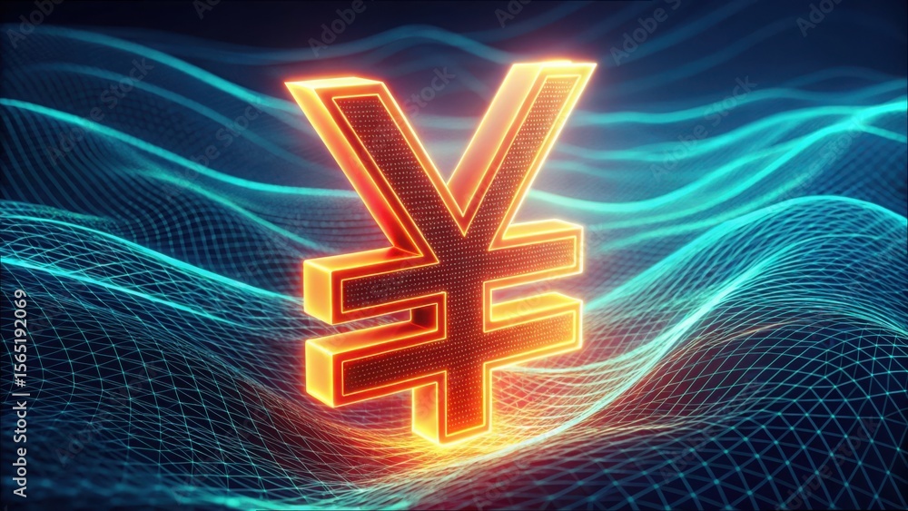 Poster glowing yuan sign with digital waves in gigapixel standard v2