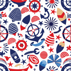 Obraz premium A vibrant seamless pattern featuring nautical themed elements including anchors ropes sailboats and sea creatures perfect for backgrounds textiles and various design projects with a