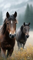 Horses walking through a misty meadow filled with wildflowers in a serene natural setting during early morning hours