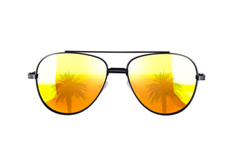 Bright sunglasses with reflection of palm on lenses against white background
