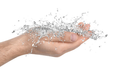 Fototapeta premium Man holding splashes of pure water on white background, closeup