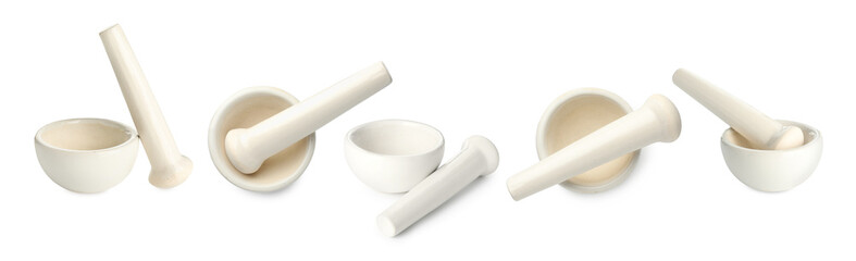 Ceramic mortar and pestle isolated on white, collage. Top and side view