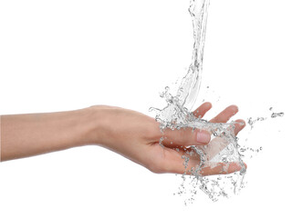 Woman with splashes of pure water on white background, closeup