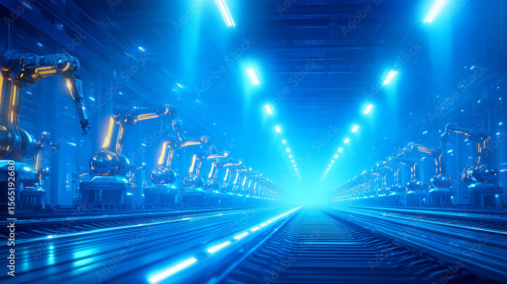 Poster an assembly line featuring numerous robotic arms is bathed in blue light within a modern factory. th