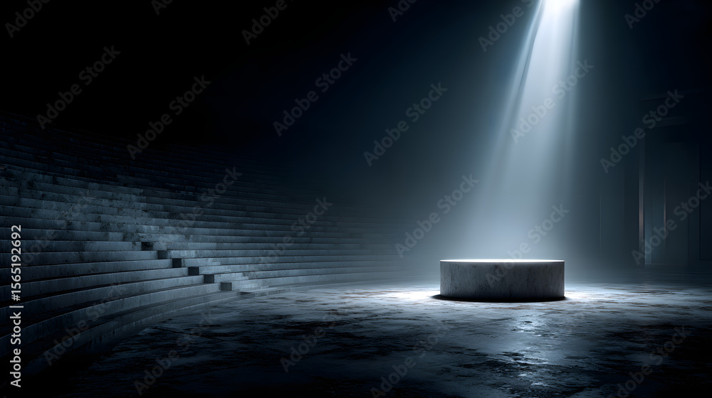 Aufkleber clean minimalist podium illuminated by spotlight in empty dark auditorium with rows of stairs creati