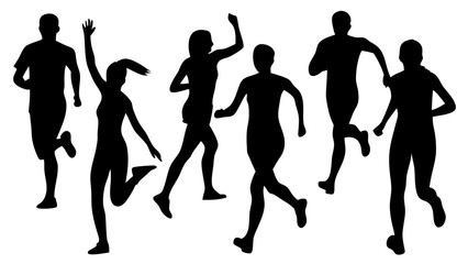 Silhouettes of various people running in different dynamic poses. Black vector shapes isolated on white background. Ideal for fitness, sports, motion graphics, and active lifestyle designs.