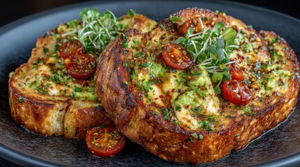 Fototapeta premium Avocado toast, adorned with cherry tomatoes and microgreens, is a dish that stylishly embodies the perfect blend of trendiness and nutrition, making it a favorite among many