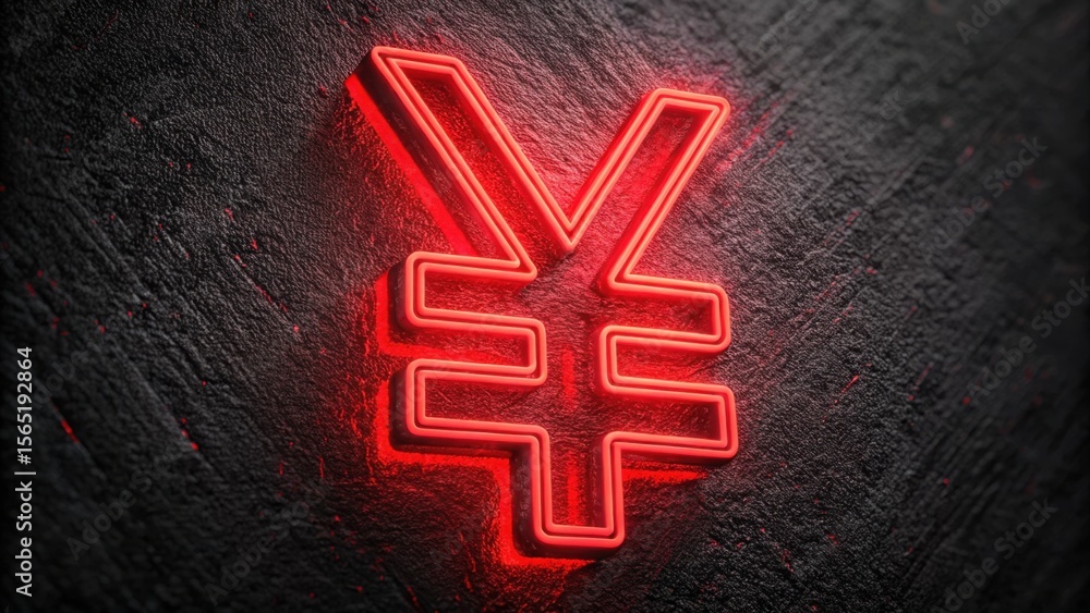 Poster red neon yuan sign on dark textured background with vibrant glow