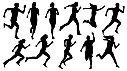 Silhouettes of various people running in different dynamic poses. Black vector shapes isolated on white background. Ideal for fitness, sports, motion graphics, and active lifestyle designs.