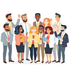 Fototapeta premium A group of ten leaders are celebrating a team win. Some are holding tablets, others taking notes or gesturing as they speak.