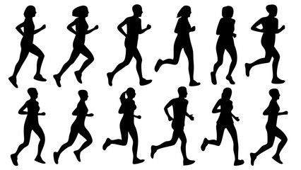 Silhouettes of various people running in different dynamic poses. Black vector shapes isolated on white background. Ideal for fitness, sports, motion graphics, and active lifestyle designs.