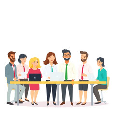 Obraz premium A group of ten managers are setting up for a trade show. They appear focused and collaborative, with laptops and notes in front of them.