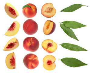 Ripe juicy peaches and green leaves on white background, collage