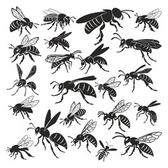 Bee and Wasp Silhouette Vector Set – Insect Clipart Collection for Design and Illustration
