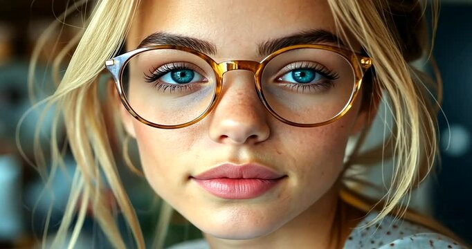Young woman with glasses, smiling in cozy caf? setting