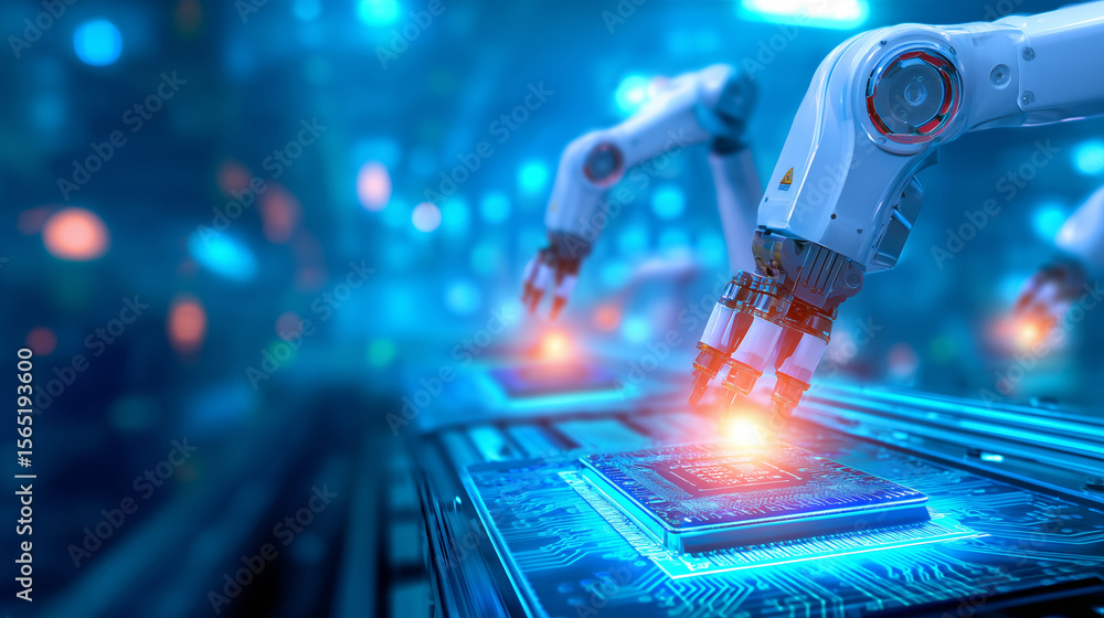 Poster robots equipped with advanced arms are meticulously assembling computer chips on a conveyor belt in 