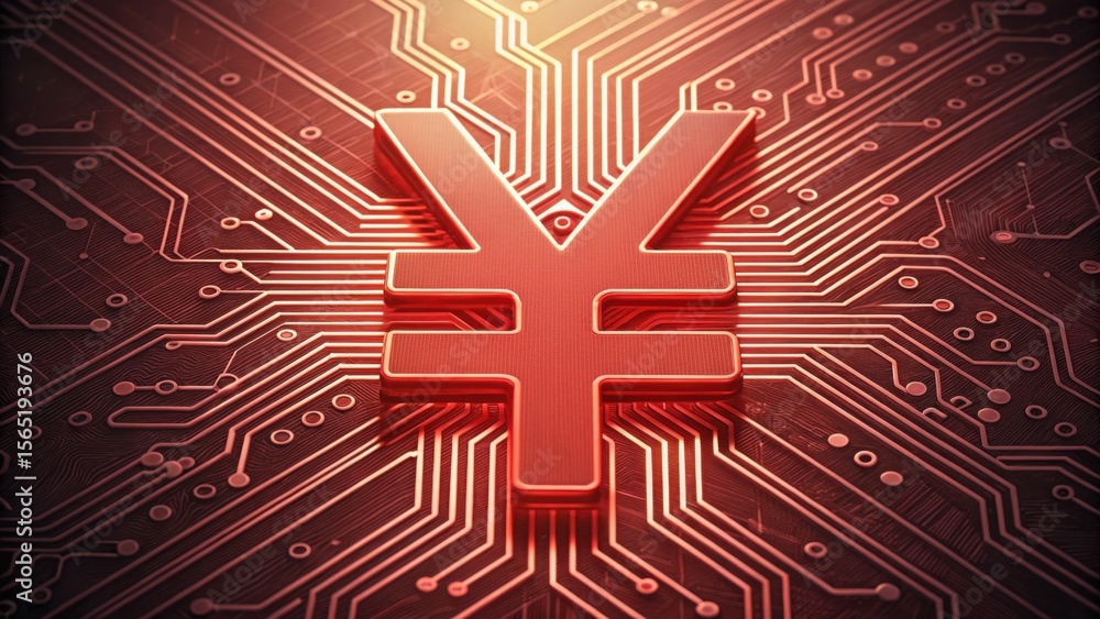 Poster Red Yuan Symbol Overlaid on Circuit Lines Background with Technology Design