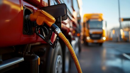 oil truck refueling at gas depot, pipes and hoses connected