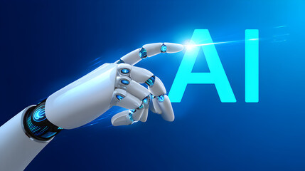 AI robot hand presenting glowing letters futuristic innovation banner for tech marketing