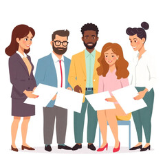 Obraz premium A diverse group of six staff are preparing training materials. The group includes men and women of different ages and backgrounds.