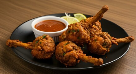 Golden crispy fried chicken drumsticks. Chicken lollipop served with tangy dipping sauce and fresh lime—bursting with bold flavor and mouthwatering texture.