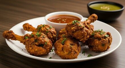 A platter of golden fried chicken drumsticks garnished with herbs, paired with vibrant red and green dipping sauces—an irresistible savory delight.