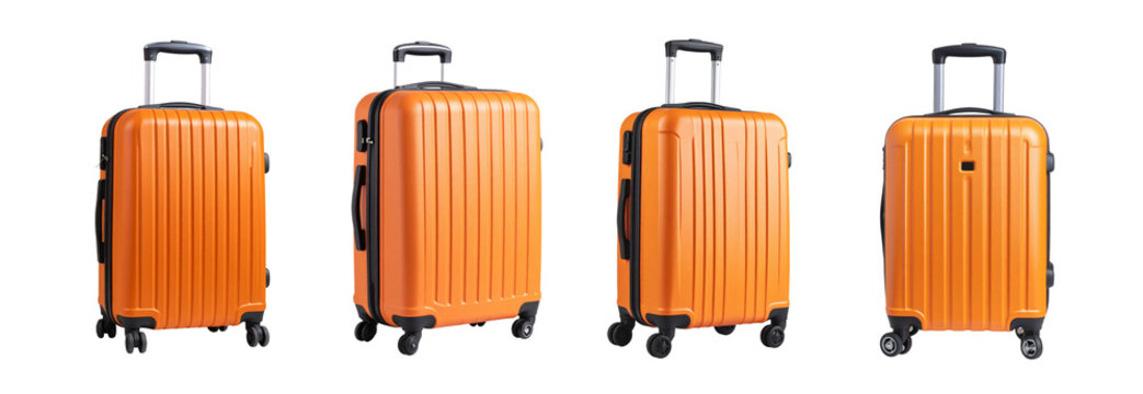 Collection of Modern orange trolley suitcase isolated on transparent background, ready for travel and tourism