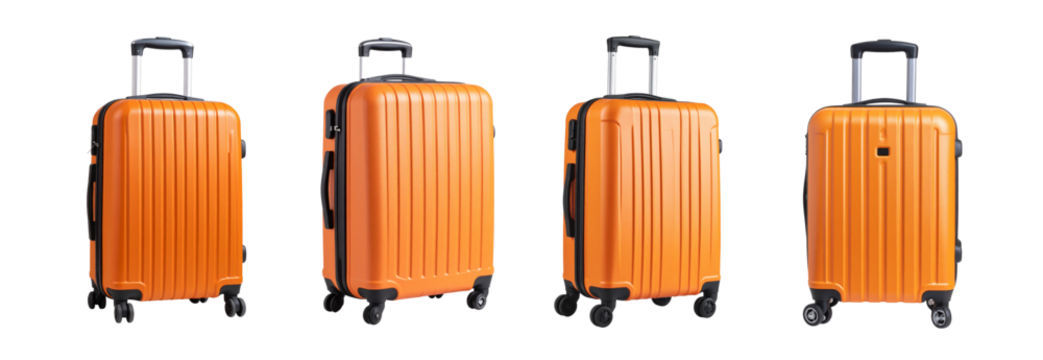 Collection of Modern orange trolley suitcase isolated on transparent background, ready for travel and tourism