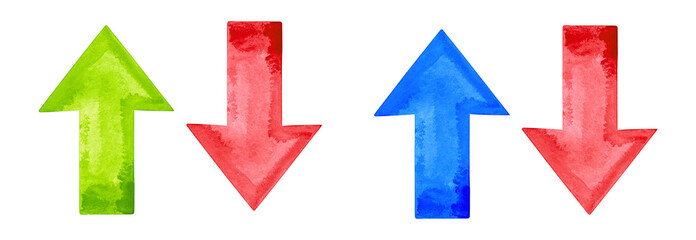 Collection of watercolor arrow pointing upward and downward against transparent background, signaling directional movement or descending trend