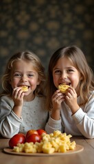 Two kids sit cheerfully at a table with red tomatoes and pineapple pieces—wearing cozy sweaters against a dark backdrop, capturing a natural food moment.