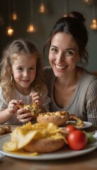 Two people enjoy a cozy meal of baked potatoes topped with cheese and herbs, alongside chips and tomato—set beneath soft lights in a rustic ambiance.