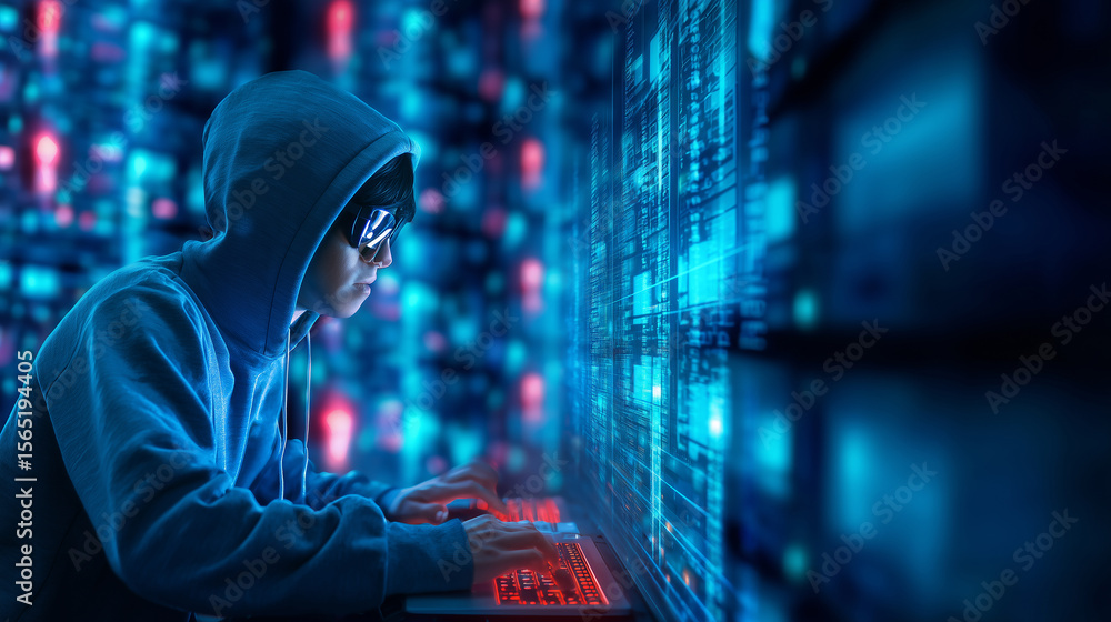 Aufkleber a young adult sits at a computer in a dark room, intensely focused on programming. the illuminated s