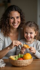 Two people share a cheerful indoor moment as one offers a pizza slice to the other. A basket of fruits and veggies adds rustic freshness to the cozy setting.