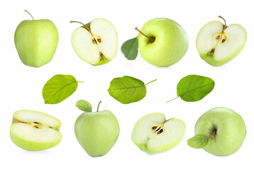 Fresh green apple fruits and leaves isolated on white, collage