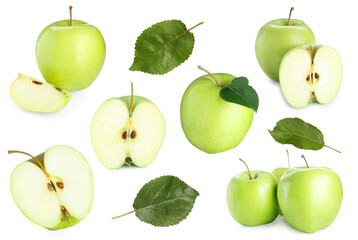 Fresh green apple fruits and leaves isolated on white, collage