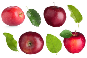 Fresh red apple fruits and green leaves isolated on white, collage